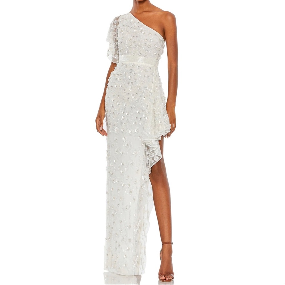Mac Duggal One Shoulder Flower Beaded Slit White Gown
